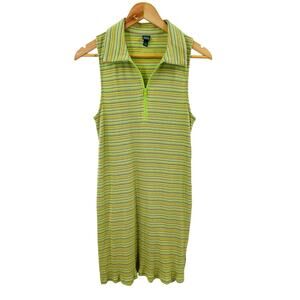 Wild Fable Tank Dress 1/4 Zipper Green Striped Bodycon Pullover Stretch sz Large